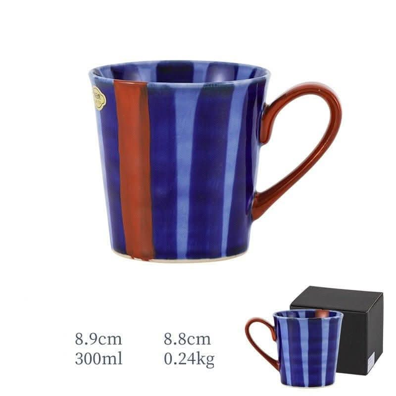Hand-painted blue & red striped Arita ware mug, Japan import, ceramic.